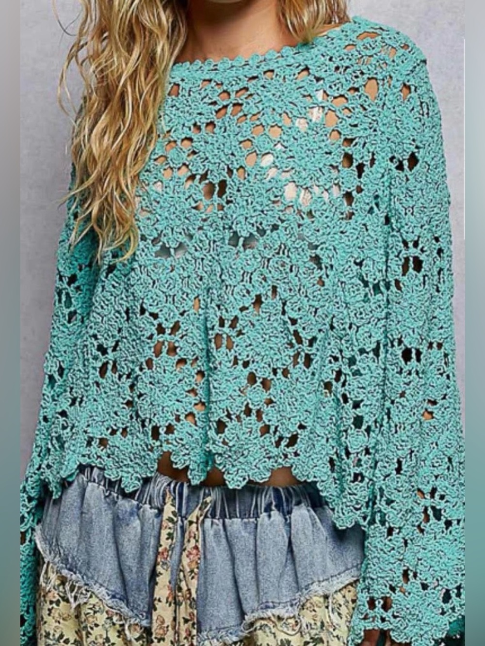 POL Mint Crochet Lace Open Knit Long Sleeve Top S/M